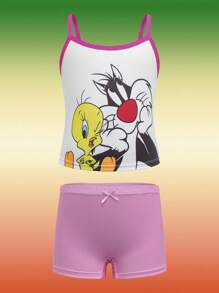 LOONEY TUNES X SHEIN 少女 4 条装卡通印花吊带背心和宽松内裤套装