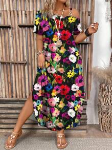 SHEIN LUNE Plus Size Colorful Oil Painting 3D Floral One Shoulder Metallic Buckle Decor Dress