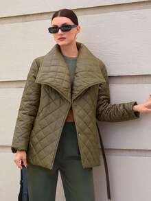 CLARA VERO Women Solid Color Padded Style Belted And Pocket Detailed Winter Coats - Khaki - View 5