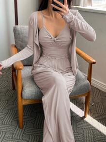 DAZY 3件套纯色针织扭结设计吊带背心、睡袍和裤子家居服套装，女士秋冬服装