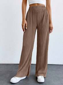 EURMUSE 女式纯色松紧腰褶皱直筒休闲裤 - 棕色 - 查看 5