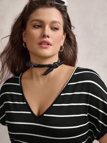 Zelara Plus Size V-Neck Raglan Curved Hem Mid-Length Loose Dresses For Summer Autumn Clothes Back To School School Clothes Homecoming  Teacher Striped