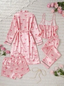Girls' Minimalist Pink Bow Printed Robe, Spaghetti Strap Shorts & Pants Multi-Piece Pajama Set Sleepwear Set Fall Winter - Multicolor - View 2