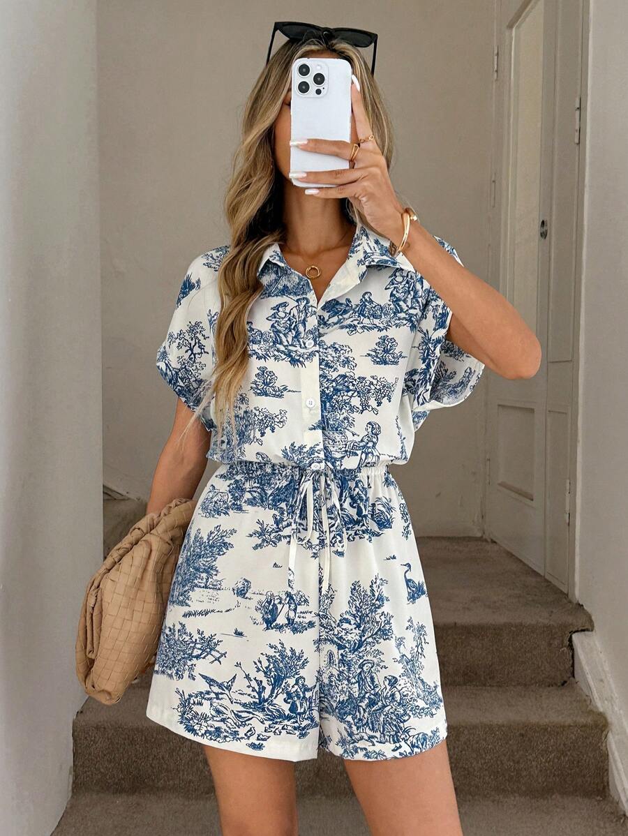 Easowa 女式复古花卉印花休闲连体裤，有领子，正面有纽扣，腰部系带蝴蝶结，荷叶边下摆，收腰 A 字形设计