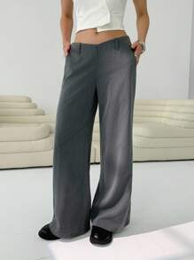 SHEIN EZwear 女士纯色宽腿宽松休闲通勤裤 - 灰色 - 查看 4