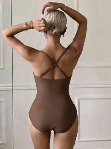 Livesso 1 Stück Damen Badeanzug mit Neckholder für Frühling/Sommer, Strandmode, Urlaubsoutfit für Kreuzfahrten - Braun - Übersicht 5