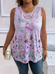 EMERY ROSE Plus Size Floral Print Round Neck Ruffle Patchwork Sleeveless Casual Tank Top For Women - Multicolor - View 5