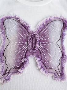 1 Set Teenager Girls Casual Fitted Short Sleeve T-Shirt With 3D Butterfly Wash Denim Patch Embroidery Design & Purple Wash Fitted Denim Cargo Pocket Half Skirt, Simple Stylish Daily Wear