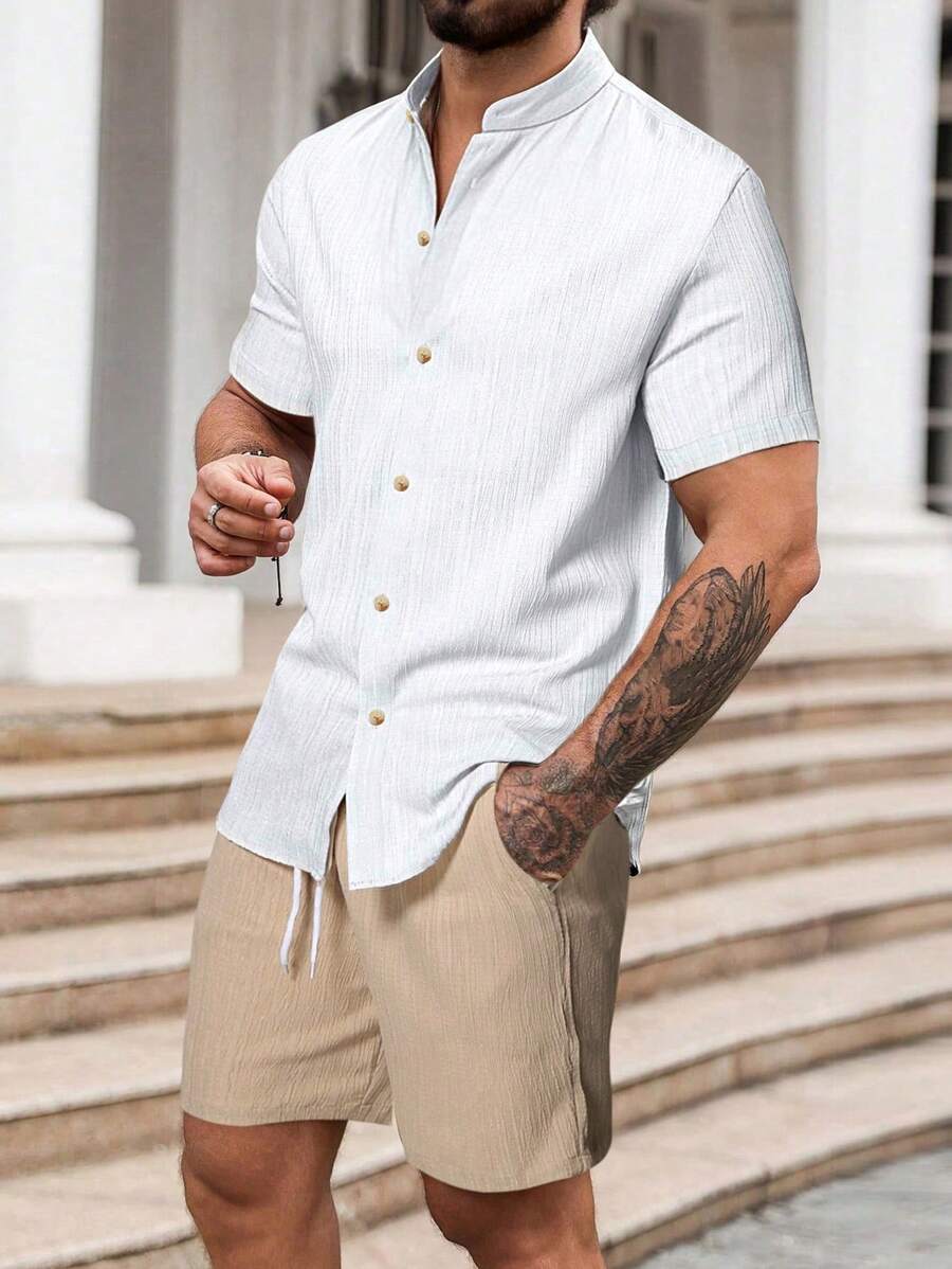 Manfinity RSRT Men's Solid Color Short Sleeve Single-Breasted Shirt And Shorts Casual Suit Men Linen Outfit Summer Wear For Men Men Resort Wear White Beach Outfit For Men Men Linen Shirt And Shorts Set