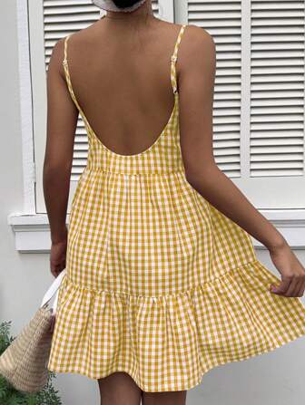 MainGRL Novo vestido de verão feminino xadrez com alças finas e costas nuas, sem mangas, verão