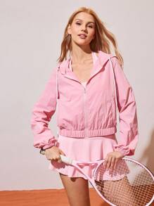 CourtClass Women's Casual Solid Color Zipper Front Drawstring Hooded Sports Jacket Pink Zip Up Hoodie Women Light Pink Hoodie Pink Athletic Jacket Women Pink Hooded Jacket Women Pink Outfit - Pink - View 3