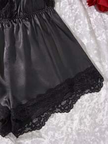 SHEIN 1 件黑色蕾丝拼接深 V 露背交叉肩带性感女式内衣连体裤套装 - 黑色 - 查看 5