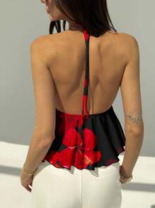 Aloruh 花卉印花深 V 露背衬衫，Y2K 风格上衣，优雅适合约会、派对、度假，适合夏季，复古