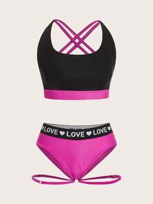 Bộ 2 áo ngực thể thao và quần lót nữ, miếng dán chữ màu tương phản, lưng chéo, khoét rỗng, nâng đỡ, quần lót thoải mái cạp cao - màu đen - Xem 6