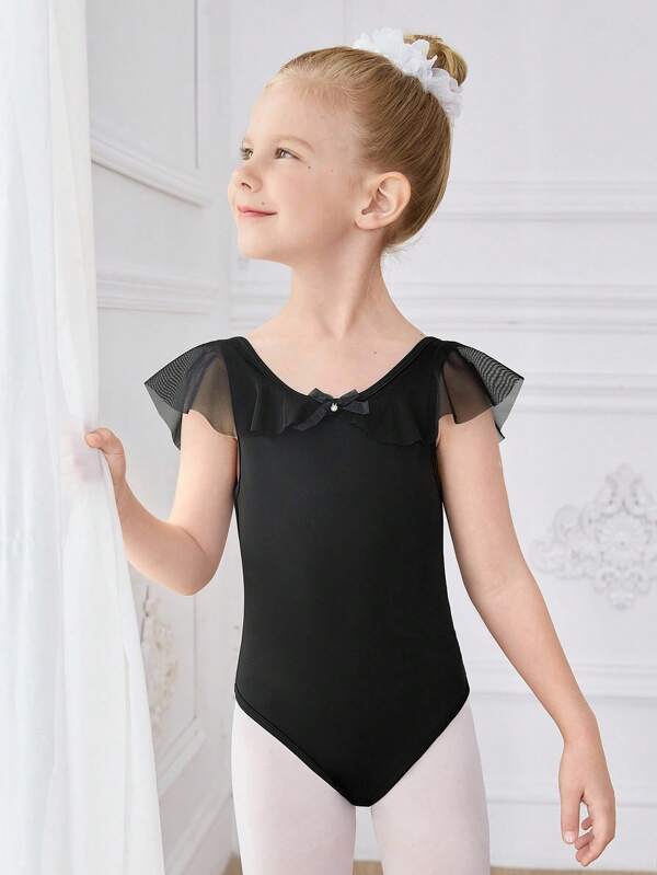 Young Girls' Solid Color Leotard, Adorable Rhinestone Bow Decor, Fashionable Mesh Splice Design, Stretchy Skin-Friendly Soft Bodysuit, Suitable For Dance, Yoga