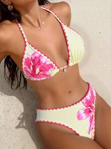 Swim Vcay 2pcs Women's Bikini Set, Halter Tied Floral Hem Flower Printed Swimsuit, Fashionable Casual Holiday Swimwear For Summer Beach Vacation - Beige - View 1