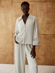 Lumivelle 2pcs/Set Women Casual Cardigan Shirt & Lace Hem Pants - Khaki - View 1