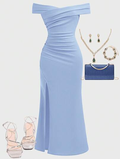 SHEIN Girlism Vestido de fiesta con hombros descubiertos, drapeado, cruce y abertura en el bajo con cola de pez, para niñas adolescentes