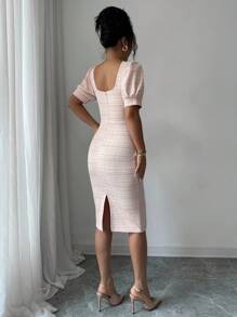 Elenzga Plaid Pattern Square Neck Puff Sleeve Split Back Bodycon Dress - Orange - View 2