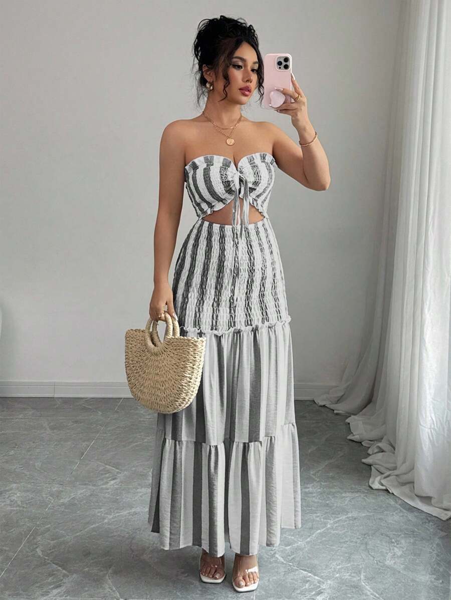 Elenzga 2025 Summer New Arrival Black & White Striped Sexy Elegant Lady Versatile Waist Tie Strapless Sleeveless Dress, Suitable For Dates, Outings, Vacations, Holidays, Independence Day, Back To School, Teacher's Outfit, Weddings, Parties, Music Festivals, Oktoberfest, Halloween, Thanksgiving - Black and White - View 1