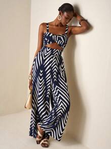 Zivah 2025 新款夏秋休闲度假扭纹吊带镂空后背印花女长款连体衣，藏青色，婚礼季，派对，度假，海滩海边度假，波西米亚风，毕业装，日常旅行，早午餐装，旅行，机场装 - 藏蓝色 - 查看 5