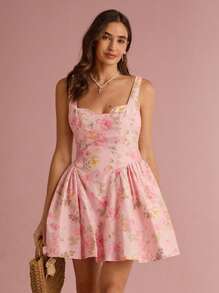 Enchnt Vestido mini lindo de princesa con cuello de corazón, sin mangas, con estampado de rosas color rosa pastel para mujer, para otoño/invierno