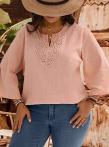 EMERY ROSE 大码女式休闲宽松简约粉色缺口衬衫，适合日常穿着波西米亚风衬衫 V 领女式衬衫秋季女式乡村音乐会、外出上衣