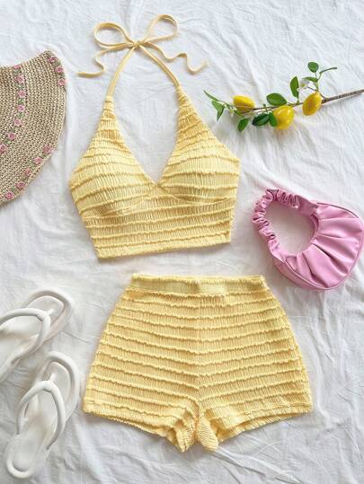 Soleia 2 Stücke/Set Damen Urlaubsoutfit - süß und niedlich romantischer ländlicher Stil blassgelbes strukturiertes Strick V-Ausschnitt Top mit Spaghettiträgern und Shorts Set, Bohemien, Boho, romantisch floral