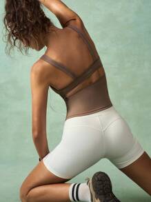 VARSITIE Workout Short Solid Color Mesh Patchwork Layered Waist Sports Shorts