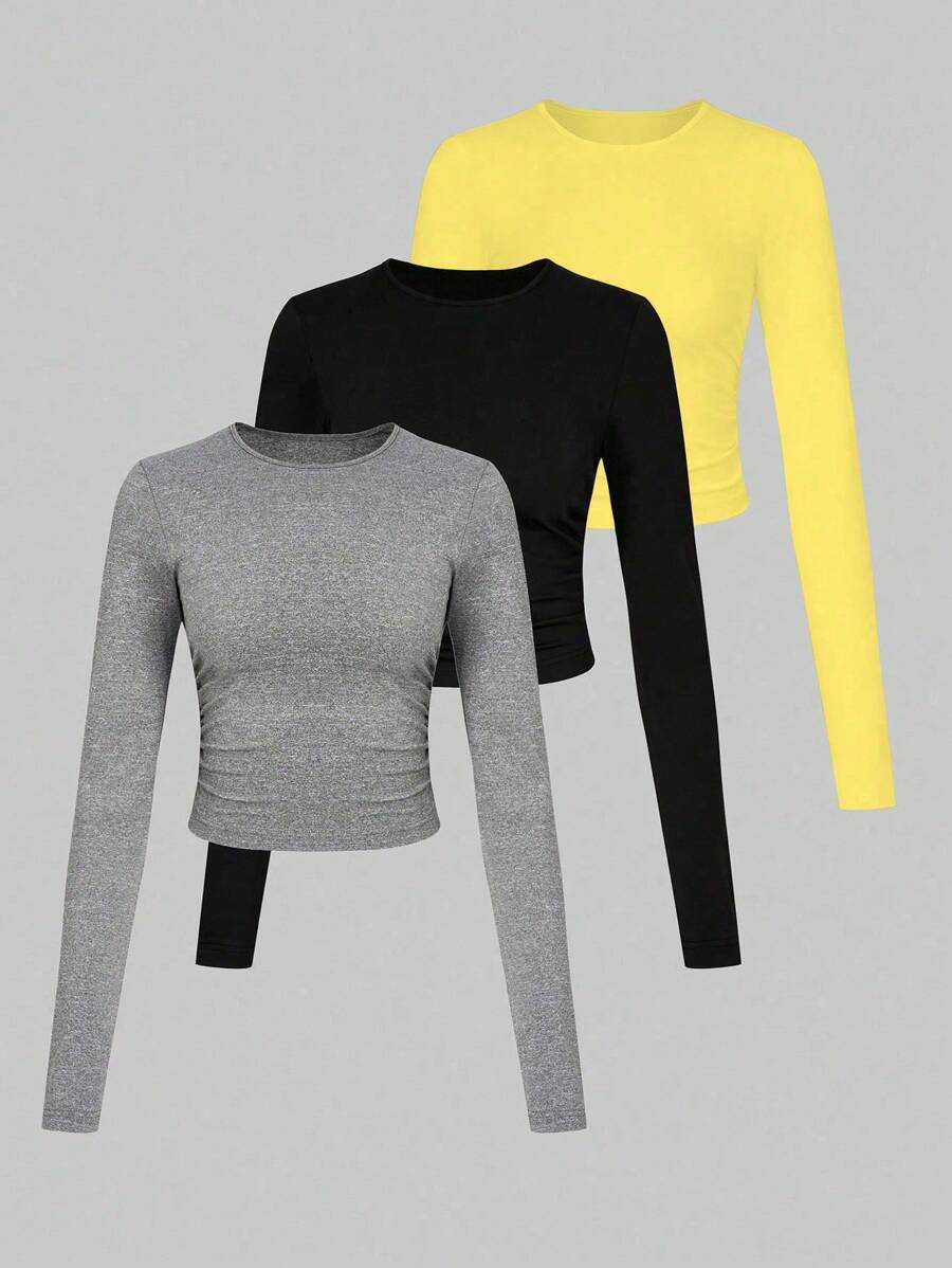 SHEIN LUNE 3件套纯色修身腰褶圆领休闲/工作时尚经典度假T恤