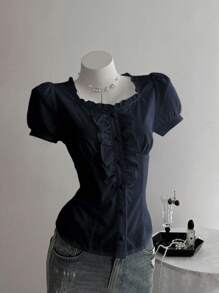 Elamini Women's Solid Color Frill Trim Short Puff Sleeve Single Breasted Fashionable Blouse - Navy Blue - View 5