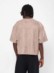 SUMWON Premium Suede Effect Boxy Fit Essential T-Shirt With Crew Neck Short Sleeve Ultra Soft Fabric Casual Streetwear Minimalist Design Modern Basic Fall Collection Plain - Khaki - View 2