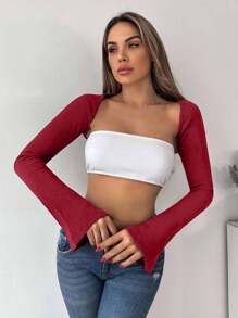 EURMUSE 96% Cotton Bell Sleeve Shrug Top Without Bra - Burgundy - View 1