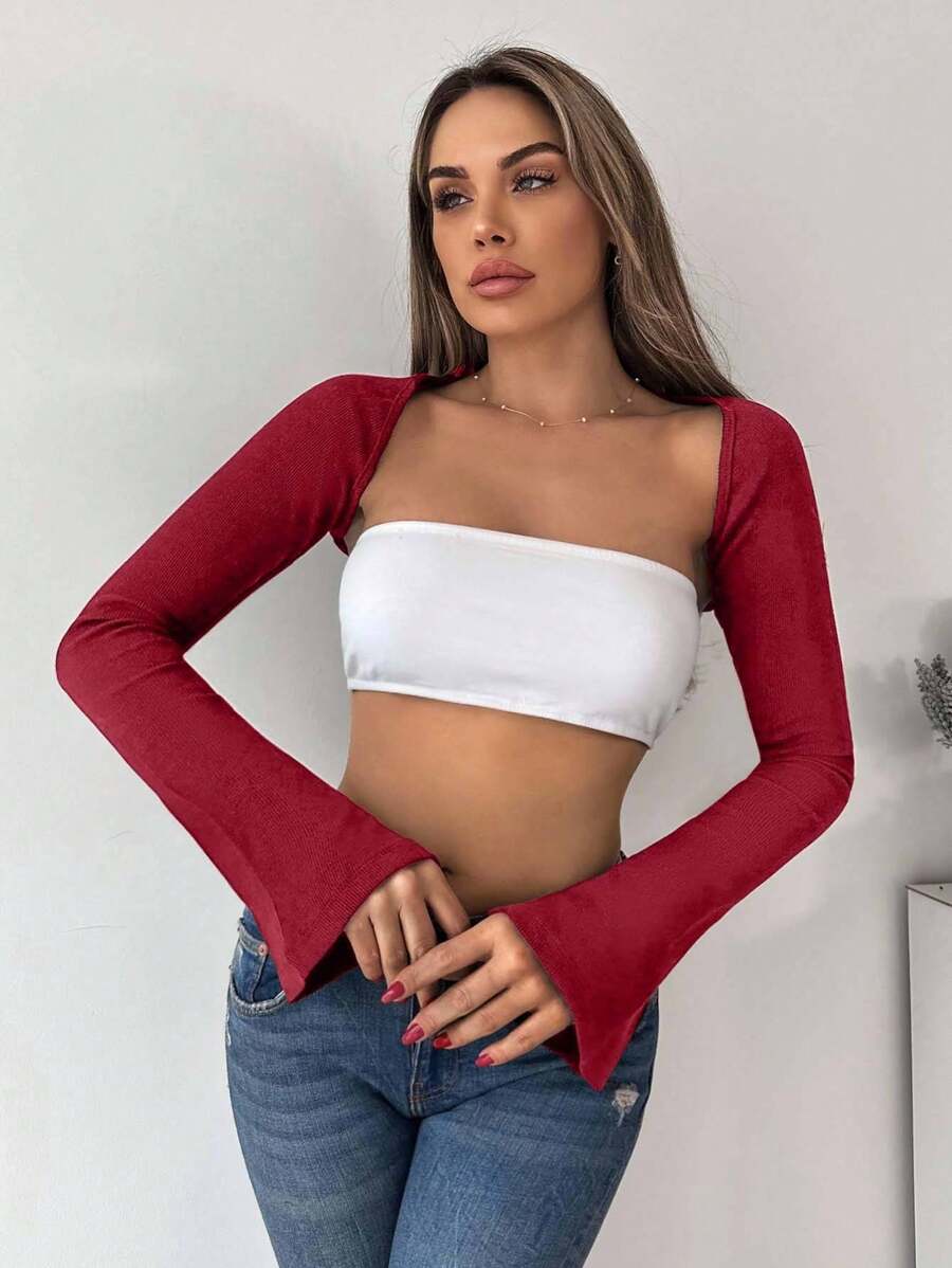 EURMUSE 96% Cotton Bell Sleeve Shrug Top Without Bra - Burgundy - View 1
