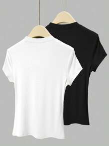 INAWLY 2件套女士纯色短袖修身圆领T恤