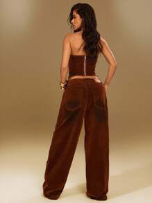 Denimoi Washed Denim Velvet Affect Straight Leg Baggy Jeans - Brown - View 3