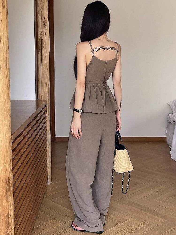Women's Summer Ruffled Hem Strap Jumpsuit, Waist Cinch Jumpsuitlounge Sets For Women