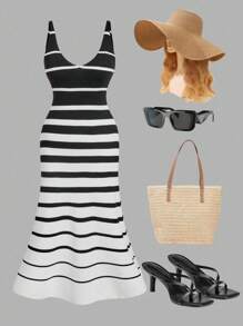 SHEIN MOD 加大码渐变条纹修身针织吊带毛衣裙，优雅针织吊带裙，适合秋冬季 - 黑與白 - 查看 7