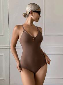 Livesso 1 Stück Damen Badeanzug mit Neckholder für Frühling/Sommer, Strandmode, Urlaubsoutfit für Kreuzfahrten - Braun - Übersicht 4