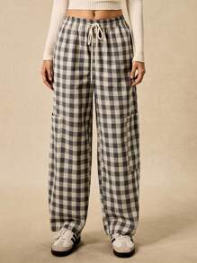 Easelle Casual Retro Plaid Loose Pocket Elastic Waist Women's Pants Gingham Pants Checkered Pants Plaid Pants Women Pants Loungewear Pants