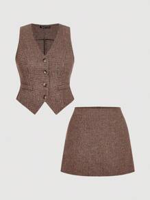 SHEIN MOD 大码女式千鸟格纹背心和短裙套装，百搭商务优雅，适合新女性，秋季工作装，返校装