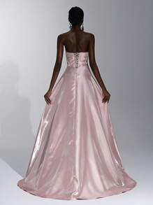 Elitara Minimalist Futuristic Liquid Satin Pleated A-Line Hem Banquet Dress, Light Dress, Formal Dress - Dusty Pink - View 3