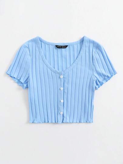 SHEIN EZwear Button Up Rib-knit Crop Top