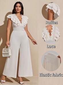 Viva Relle Plus Size Elegant Casual Ruffle Lace Trim Cap Sleeve Jumpsuit - Apricot - View 1