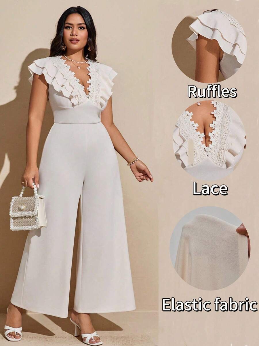 Viva Relle Plus Size Elegant Casual Ruffle Lace Trim Cap Sleeve Jumpsuit - Apricot - View 1