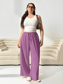 SHEIN EZwear 女士加大码宽松梭织休闲长裤，紫丁香色 - 紫丁香色 - 查看 3