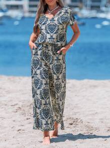 Sylviya 女士復古印花休閒假日上衣和寬褲套裝，附口袋，適用於夏季