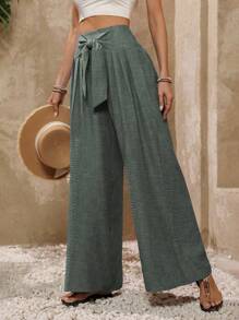 SHEIN PETITE 女士纯色系腰百褶休闲阔腿裤，度假风 - 綠色 - 查看 6