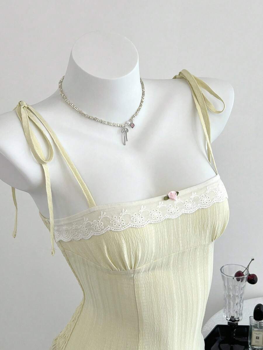 Elamini 休闲格子蕾丝拼接腰带吊带背心，适合年轻女性，春夏季 - 黃色 - 查看 1