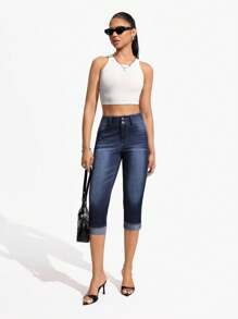 Flexra Quần jean nữ cạp cao, có túi, dáng ôm, kiểu dáng thường ngày, dài đến 3/4, chất liệu denim. - Rửa tối - Xem 5